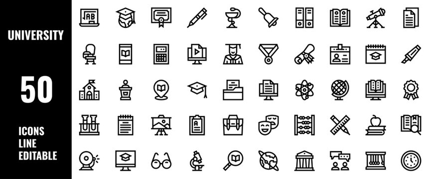 50 University Icons Set Line Editable Vector Illustration