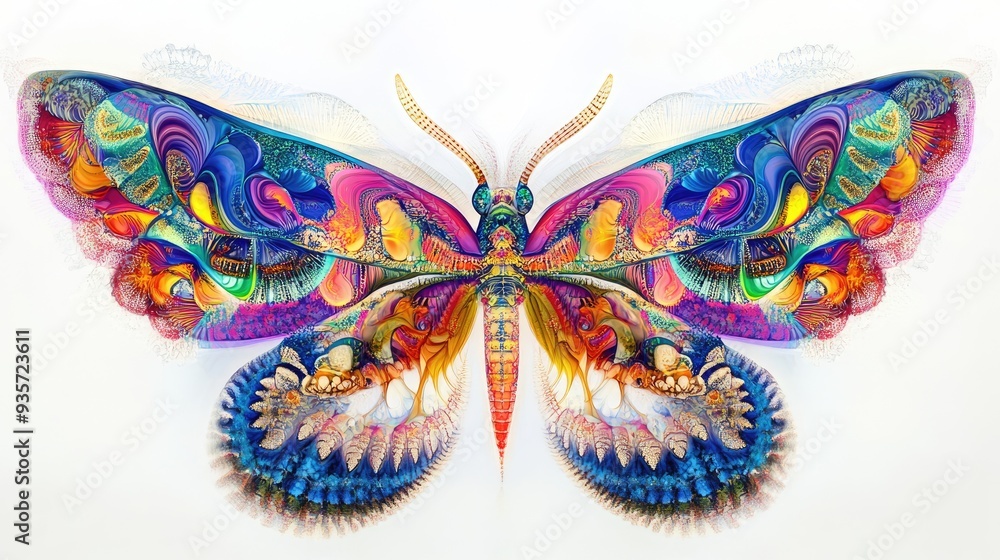 Poster vibrant fractal wings in symmetrical design, featuring colorful insects, with intricate patterns on 
