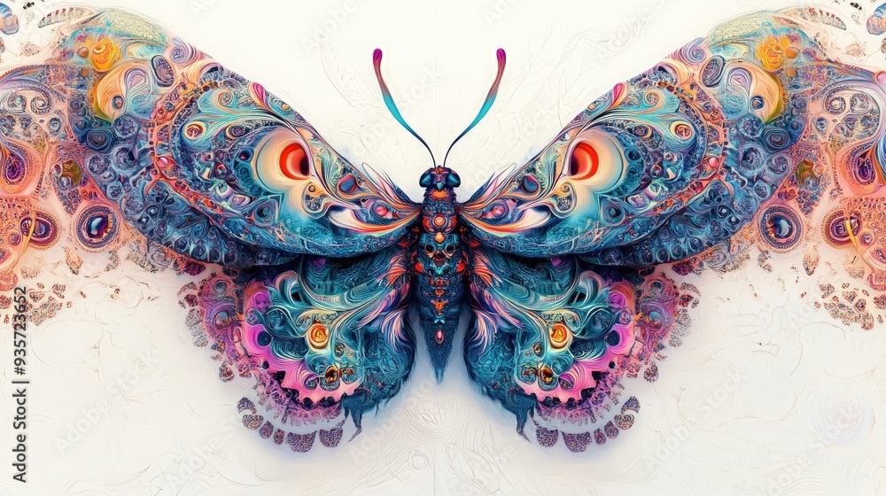 Poster vibrant fractal wings in symmetrical design, featuring colorful insects, with intricate patterns on 