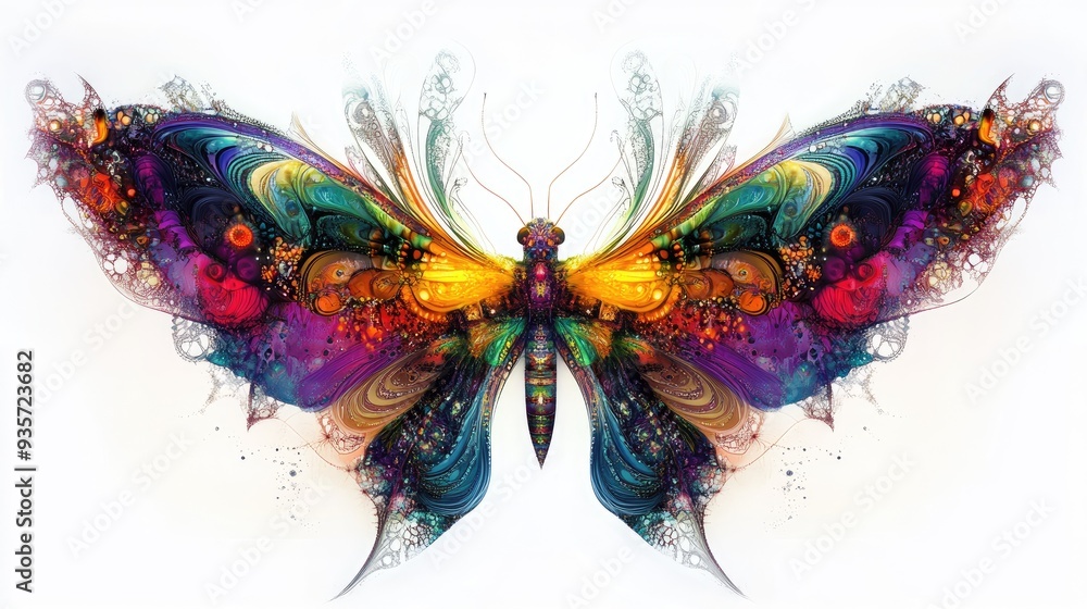 Poster vibrant fractal wings in symmetrical design, featuring colorful insects, with intricate patterns on 