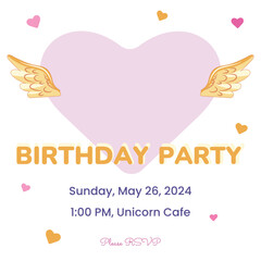 Birthday party invitation template with heart with golden wings. Place for inscription name in the middle of heart or picture or photo. Vector illustration in flat cartoon style