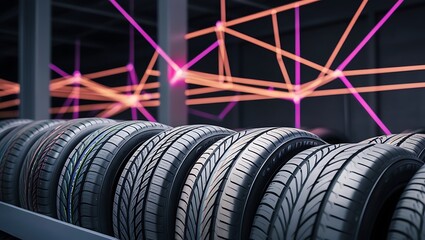 Close-up of rubber tire stacks at white modern car service center.  new tires placed on racks for efficient inventory management