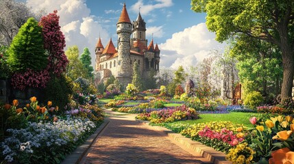 Whimsical medieval castle with colorful garden, vibrant flowers, towering trees, and a charming brick border, creating paradise
