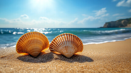 Two seashells rest on a sunlit sandy beach, casting soft shadows. The shells' textured surfaces contrast against the smooth, warm sand, creating a serene and tranquil seaside scene
