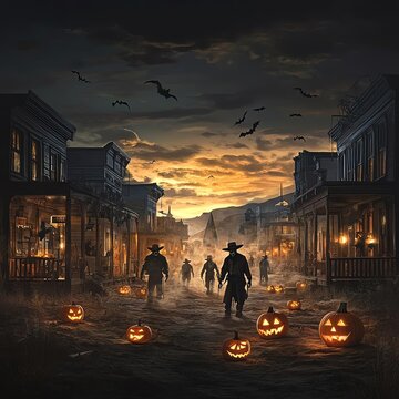 A spooky Halloween scene in a ghost town with eerie figures, pumpkins, and a dramatic sunset sky, perfect for seasonal themes.