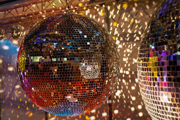 Rainbow disco balls with disco lights. Entertainment industry