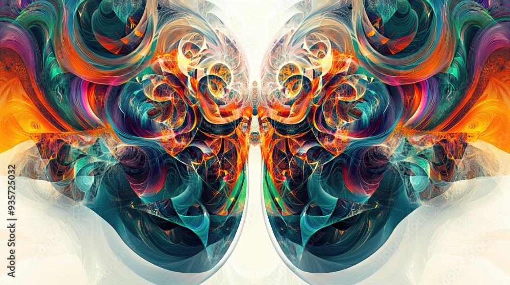 Poster abstract art featuring colorful fractal geometrics in symmetrical patterns with intricate details on