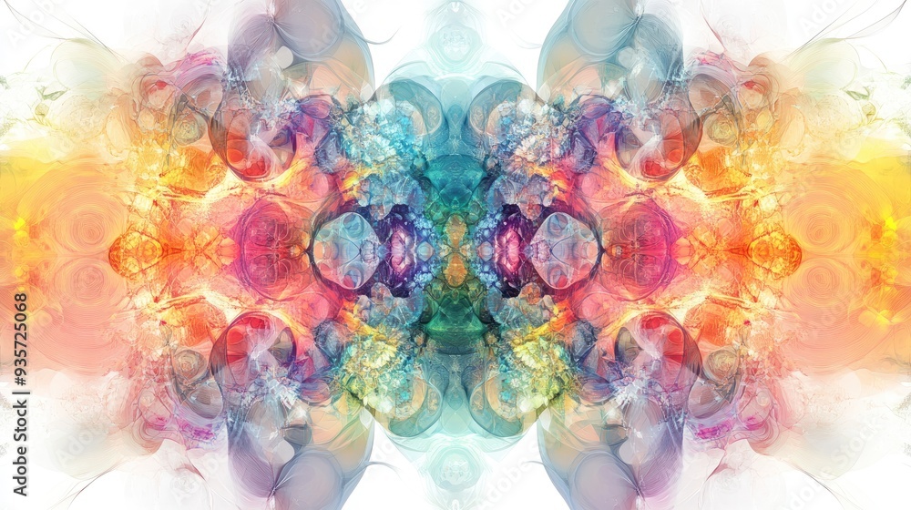 Poster abstract art featuring colorful fractal geometrics in symmetrical patterns with intricate details on
