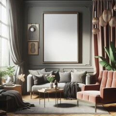 Poster frame mockup in home interior with old retro furniture, 3d render
