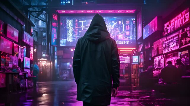 A hooded figure walks down a neon-lit cyberpunk alleyway in the rain