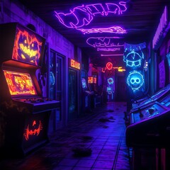 A vibrant neon-lit arcade corridor filled with vintage games and spooky decorations, creating a nostalgic Halloween atmosphere.