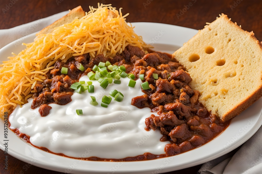 Canvas Prints A hearty beef chili topped with shredded cheese sour cream and chopped green onions, AI Generated