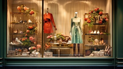 Fototapeta premium Boutique storefronts with window displays decorated with eye-catching clothing and fashion accessories.