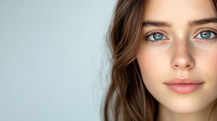 Naklejka premium Close up portrait of a young woman with long brown hair looking at the camera.