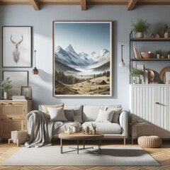 Mockup frame in farmhouse living room interior, 3d render
