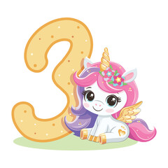Cute unicorn with pink and golden number 3 isolated on white background. Happy Birthday concept. Vector illustration in flat cartoon style