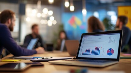 A dynamic office meeting room scene with blurred people engaged in discussion, and a laptop displaying graphs and charts on a wooden table in a modern, creative work space.