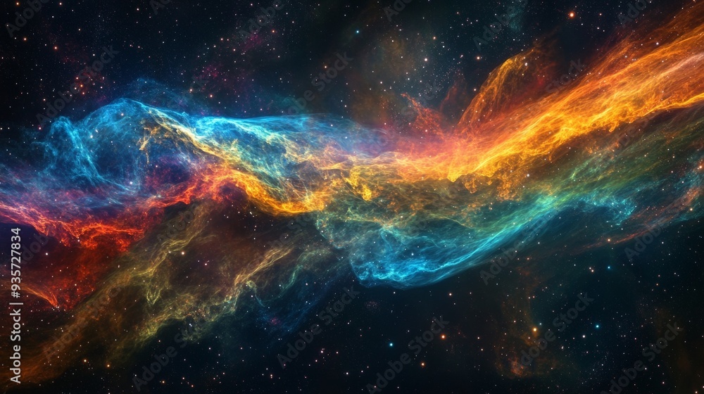 Poster A mesmerizing image of a vivid nebula with intertwined colorful gases, displaying a striking combination of blue, red, and yellow hues in the vastness of outer space.
