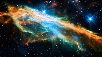 Fototapeta premium An enchanting depiction of a radiant nebula featuring glowing stars and colorful swirling gases, exhibiting a stunning interplay of blue, green, and orange hues in space.