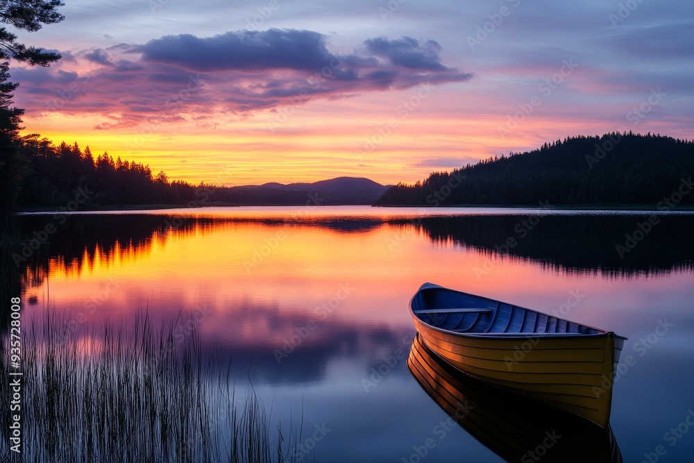 Poster this image features a yellow rowboat floating on a calm lake during a serene sunset, set against a b
