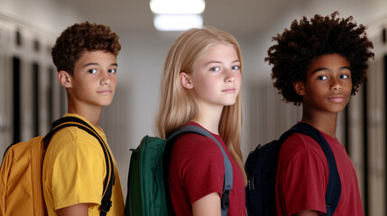 Three boys standing in a hallway, looking back at the camera. Each boy is wearing a different color shirt and carrying backpacks in complementary colors (yellow, green, and black). 