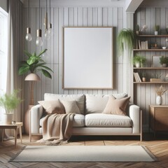 Mockup frame in farmhouse living room interior, 3d render
