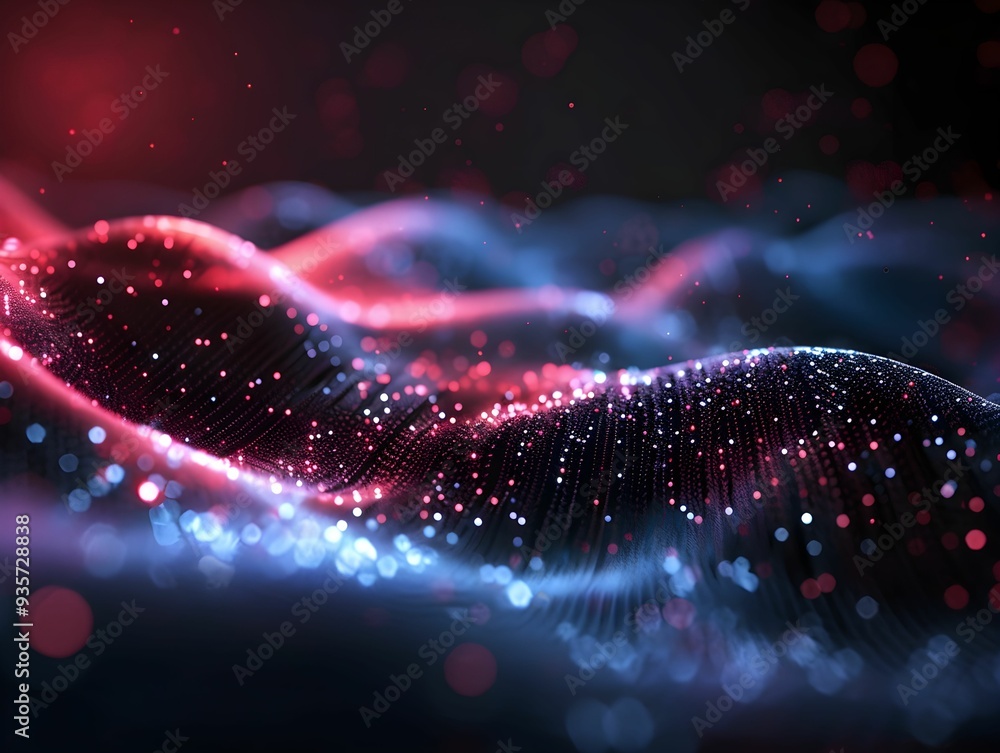 Aufkleber abstract digital waves with glowing particles in red and blue against a dark background created in a