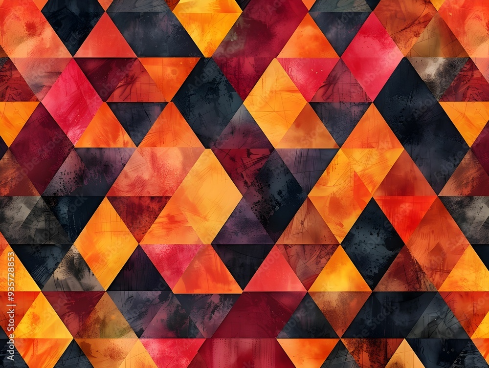 Poster colorful geometric pattern featuring triangles in shades of red, orange, and black with a dynamic vi