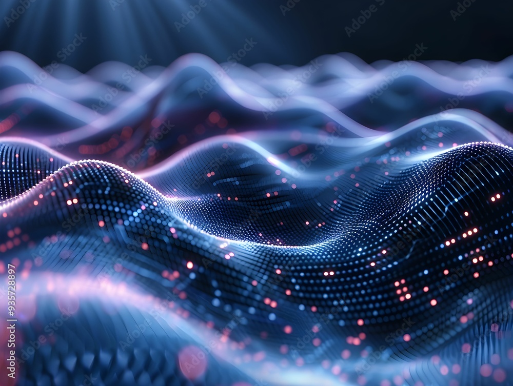 Poster abstract representation of digital waves illuminated with colorful light patterns in a dark environm