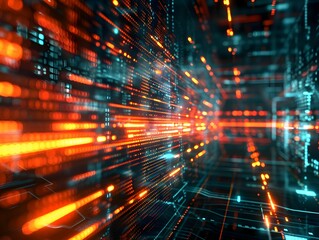 Obraz premium Dynamic digital lines conveying speed and energy in a futuristic data visualization, captured in a thriving tech environment