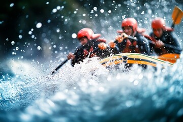 A group of adventurers in helmets and life jackets, braving the intense splash of water waves, are rowing in an orange raft, showcasing the thrill of whitewater rafting.