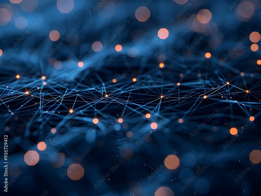 Poster intricate network of glowing dots and lines against a dark background resembling a digital landscape