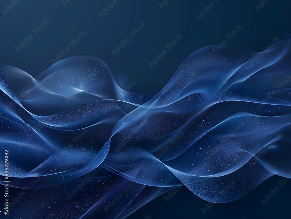Poster delicate waves of blue fabric flow effortlessly across a dark background, creating an ethereal and c