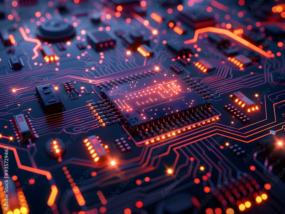 Poster close-up view of a glowing circuit board with intricate patterns and vibrant lights