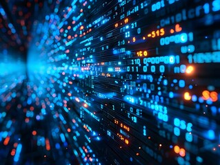 Vibrant digital data flow illustrating binary code progression in an abstract, futuristic environment with blue and orange tones