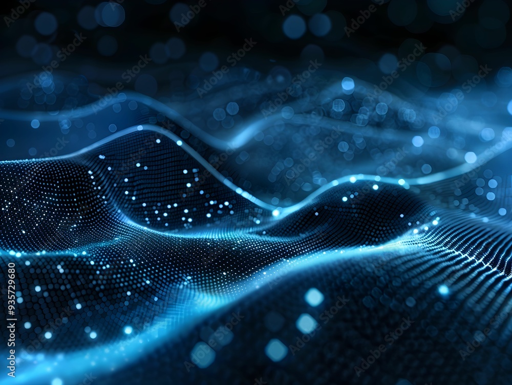 Poster dynamic blue abstract waves of light representing digital data flowing through a dark space