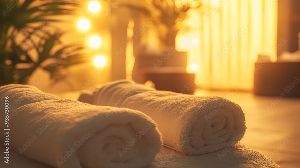 Poster relaxing spa environment with a pair of perfectly rolled white towels illuminated by soft, warm ligh