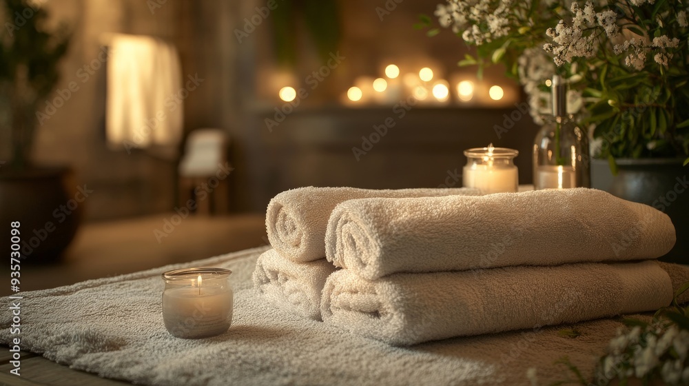 Poster an elegant spa setting featuring neatly rolled white towels and lit candles, creating a serene and r