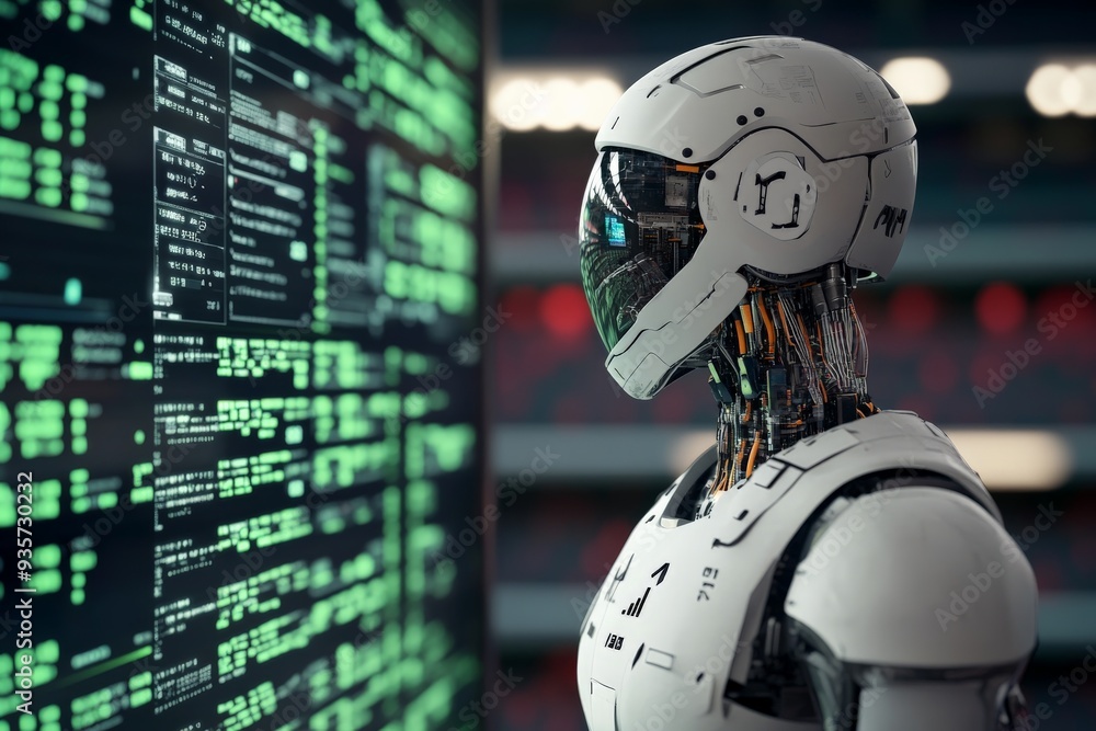 Leinwandbilder An advanced robot intensely focusing on analyzing programming codes on a high-tech display screen. This image showcases the blend of robotics, coding, and futuristic AI-driven analysis.
