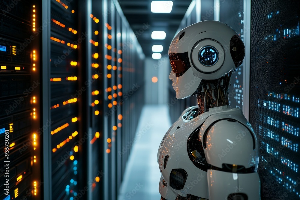 Fototapete An advanced AI robot is seen vigilantly monitoring the server racks in a data center, depicting the role of robotics and artificial intelligence in maintaining and managing modern data infrastructure