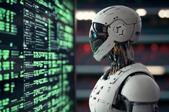 An advanced robot intensely focusing on analyzing programming codes on a high-tech display screen. This image showcases the blend of robotics, coding, and futuristic AI-driven analysis.