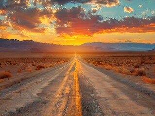 Fototapeta premium A stunning desert road leading into the sunset with vibrant clouds and mountains in the background near a serene landscape