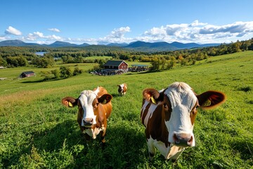 Fototapeta premium A farm-to-table concept image, showing livestock in a pasture with a distant view of a farmhouse and a farm shop selling fresh produce