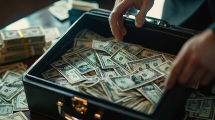 A man is holding a black briefcase full of money