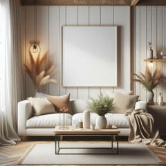 Mockup frame in farmhouse living room interior, 3d render
