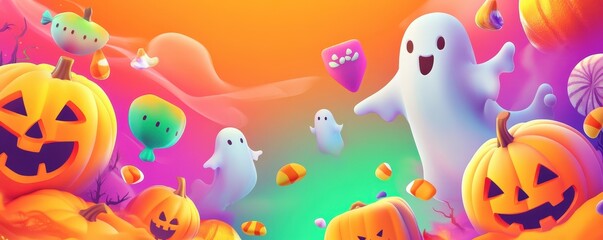 Bold Halloween Flash Sale Banner with Colorful Pumpkins and Ghosts