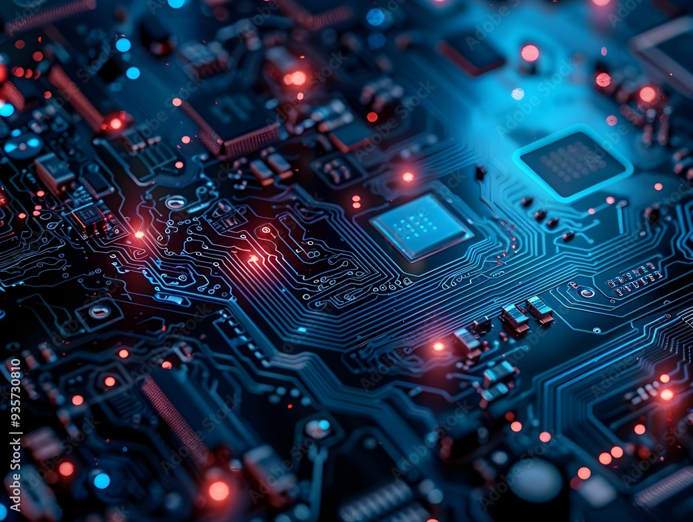 Poster intricate close-up view of a circuit board illuminated by blue and red lights showcasing advanced el