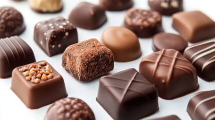 Fototapeta premium A delightful close-up view of a variety of chocolate confections, each uniquely decorated with textures and patterns, presenting an irresistible and artistic display on a white background.