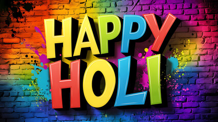 Festive "Happy Holi" written on a brick wall, radiating joy and color for the Holi festival.