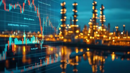 A blend of finance and industry, showcasing a detailed graph overlay on an oil refinery background at dusk.